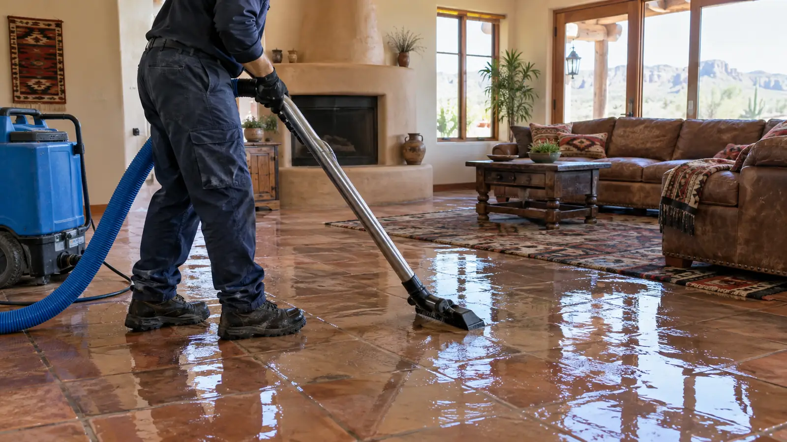 Technician extracting flood water from a Tucson home living room